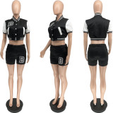 Letter Print Baseball Coat Patchwork Two Piece Shorts Set WSYF-59220