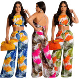 Sexy Print Bandage Tops And Wide Leg Pant Suit YD-8728