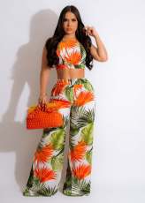 Sexy Print Bandage Tops And Wide Leg Pant Suit YD-8728