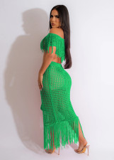 Fashion Short Sleeve Tassel Beach Skirt Two Piece Set TR-1256