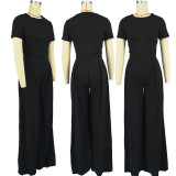Casual Solid Short Sleeve Wide Leg Pant Two Piece Set FOSF-8361