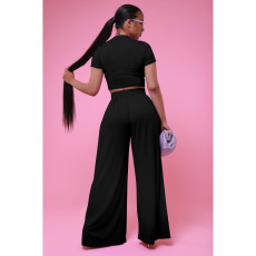 Casual Solid Short Sleeve Wide Leg Pant Two Piece Set FOSF-8361