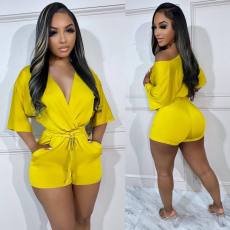 Fashion Solid Color Tie Up Two Piece Shorts Set OMMF-89818