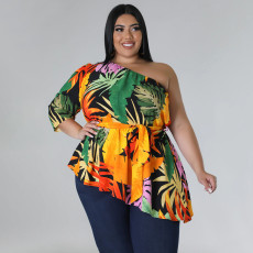 Plus Size Single Shoulder Long Sleeve Tie Up Tops NNWF-7845