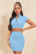Solid Zipper Crop Tops And Skirt Two Piece Set YNSF-1899