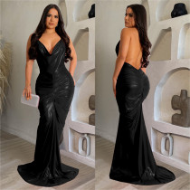 Sexy V Neck Backless Tie Up Maxi Dress BY-6359