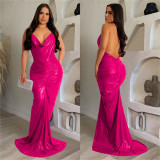 Sexy V Neck Backless Tie Up Maxi Dress BY-6359