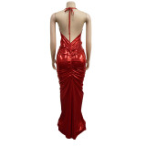 Sexy V Neck Backless Tie Up Maxi Dress BY-6359