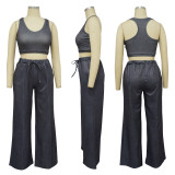 Solid Sleeveless Crop Tops And Pants Loose 2 Piece Set YF-10498