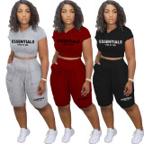 Letter Print Solid Hoodies And Shorts Two Piece Set LDS-3327