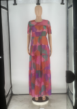 Fashion Print Short Sleeve Maxi Dress ZDF-31272