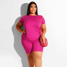 Plus Size Solid O Neck T Shirt And Shorts Two Piece Set HNIF-021