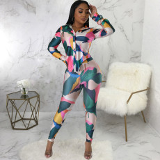 Print Long Sleeve Irregular Tops And Pants 2 Piece Set SMR-11973