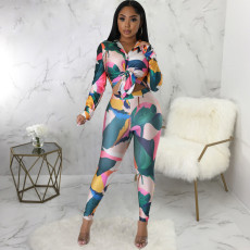 Print Long Sleeve Irregular Tops And Pants 2 Piece Set SMR-11973