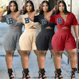 Plus Size B Letter Print Solid Two Piece Shorts Set XYMF-8125
