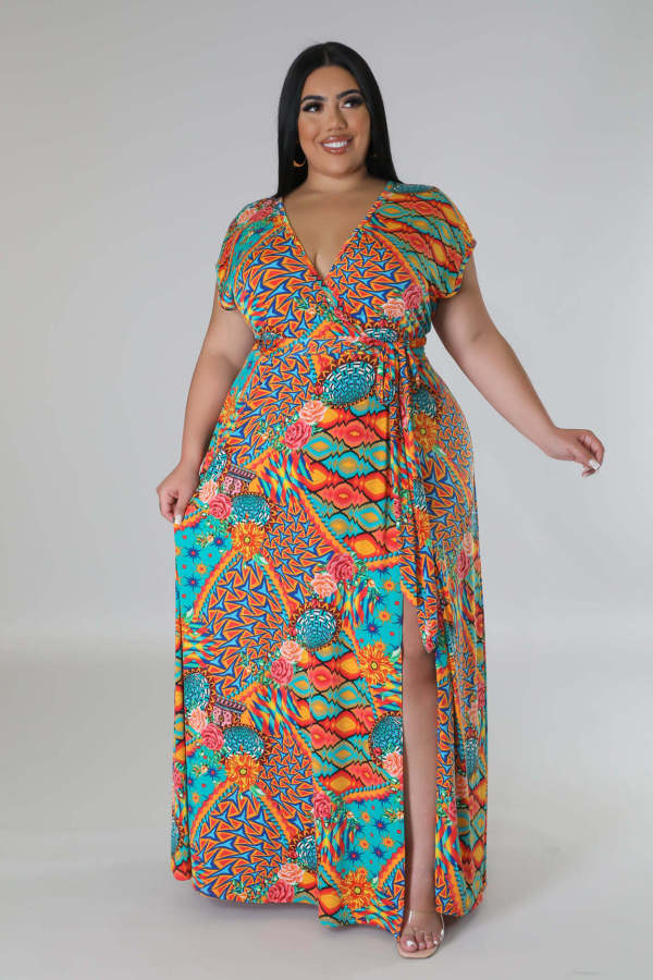 Plus Size Print Short Sleeve Maxi Dress TE-4627