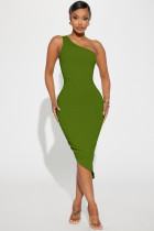 Solid Color Slash Shoulder Midi Dress YD-8741