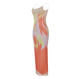 Sexy Printed Backless Sling Maxi Dress FENF-238