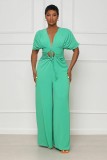 Solid V-Neck Short Sleeve Hollow Jumpsuit GFDY-1245