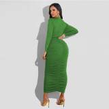 Fashion Solid Long Sleeve Ruched Maxi Dress GFDY-1050