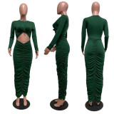 Fashion Solid Long Sleeve Ruched Maxi Dress GFDY-1050