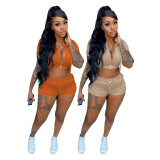 Solid Hooded Crop Tops And Shorts Two Piece Set NYMF-5075
