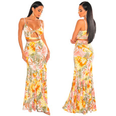 Sexy Print Sling Top Long Skirt Two Piece Set GFDY-1112
