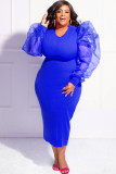 Solid Yarn Sleeves V-Neck Plus Size Long Dress XMY-9416