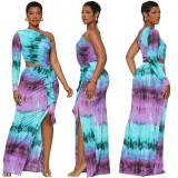 Sexy Diagonal Shoulder Hollow Out Print Split Dress GFDY-1243