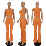 Solid Sleeveless Tops And Micro Flare Pant Two Piece Set FENF-276