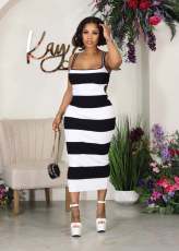 Fashion Stripe Backless Tie Up Long Dress BLX-63005