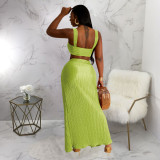 Solid Color Sling Tops And Pleated Slit Skirt 2 Piece Set YF-10503