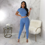 Solid Color O Neck Tops And Pants Tight 2 Piece Set YF-10514