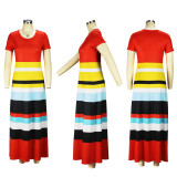 Short Sleeve Stripe Print Maxi Dress XHSY-19575