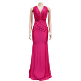 Solid Color V Neck Pleated Maxi Dress BY-6357