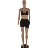 Halter Top Pocket Shorts Sexy Two Piece Set CQF-90123