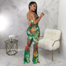 Sexy Print Sling Backless Flare Jumpsuit With Belt YF-10516