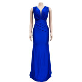 Solid Color V Neck Pleated Maxi Dress BY-6357