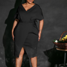 Plus Size Fashion V-neck Sexy Midi Dress With Belt GATE-D366