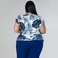 Plus Size Casual Print V Neck Tops And Pants Two Piece Set NNWF-7849