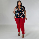 Plus Size Casual Print V Neck Tops And Pants Two Piece Set NNWF-7849