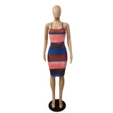 Sexy Sling Backless Print Dye Midi Dress QXTF-8848