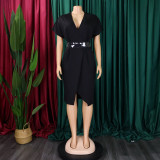 Plus Size Fashion V-neck Sexy Midi Dress With Belt GATE-D366