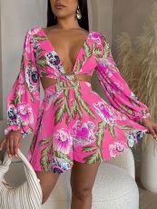 Print Deep V Neck Long Sleeve Romper NYMF-297