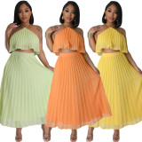 Sexy Halter Top Pleated Long Skirt Two Piece Set GYLY-10090