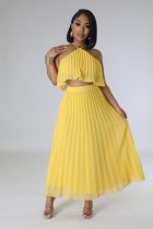 Sexy Halter Top Pleated Long Skirt Two Piece Set GYLY-10090