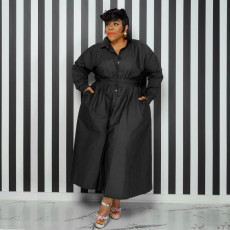 Plus Size Solid Lapel Single Breasted Long Sleeve Shirt Dress SSNF-211283