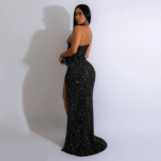 Solid Hot Drill Sequin Slit Maxi Dress BY-6365