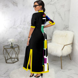Fashion Color Block Half Sleeve Maxi Dress SMR-11985