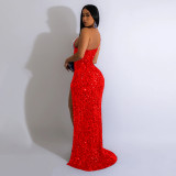 Solid Hot Drill Sequin Slit Maxi Dress BY-6365